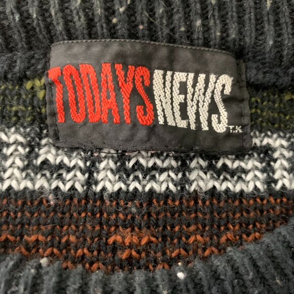 Vintage 90s Pullover Crewneck Sweater XL Black Stretch Knit Geometric Rib Trim - Picture 6 of 6